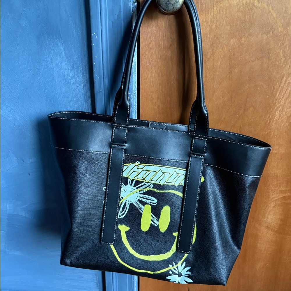 Ganni Black Leather Tote Bag with Yellow Smiley Design